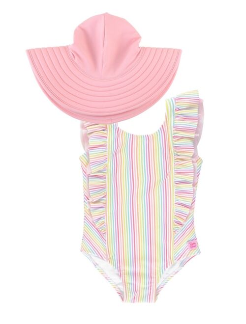 RuffleButts Baby Girls Ruffle Stripe 1-Piece Swim Hat Set