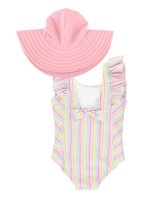 RuffleButts Baby Girls Ruffle Stripe 1-Piece Swim Hat Set