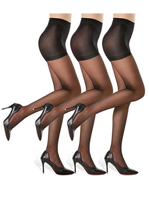 G&Y 3 Pairs Women's Sheer Tights - 20D Control Top Pantyhose with Reinforced Toes