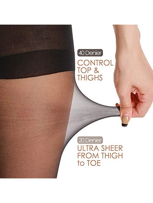 G&Y 3 Pairs Women's Sheer Tights - 20D Control Top Pantyhose with Reinforced Toes