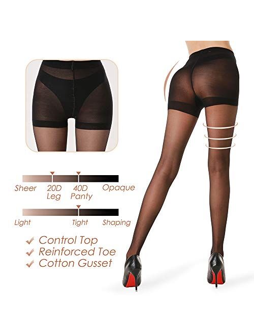 G&Y 3 Pairs Women's Sheer Tights - 20D Control Top Pantyhose with Reinforced Toes