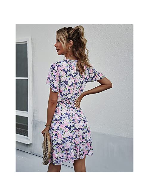 Graceasy Women's Summer V-Neck Short-Sleeve Dresses - Casual Mini Floral A-Line Party Dress