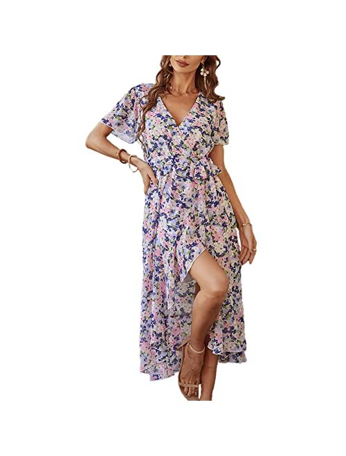 Graceasy Women's Summer Casual Midi Dress - Floral Printed V-Neck Wrap Short Sleeve Flowy Boho Beach Party Dresses