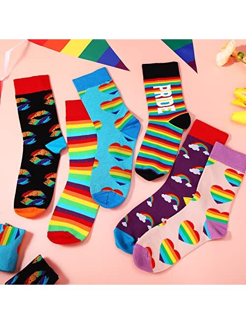 Vicenpal 6 Pairs LGBT Pride Socks Novelty Rainbow Striped Socks, Colorful Striped Socks Gifts for Women Men, Fun Dress Crew Socks