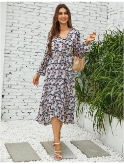 Graceasy Women's Long Sleeve Midi Casual Dress - Floral Print Wrap Maxi Casual Boho V Neck Flowy Dress