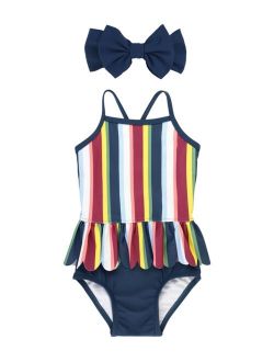 Baby Girls Peplum Swimsuit with Bow Headband, 2-Piece Set