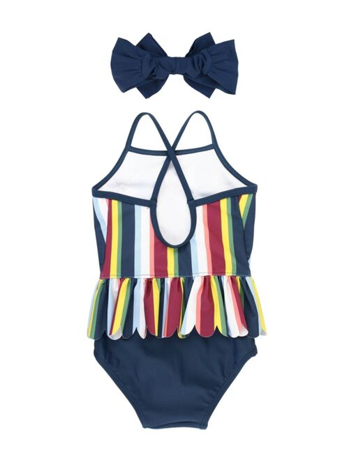 RuffleButts Baby Girls Peplum Swimsuit with Bow Headband, 2-Piece Set