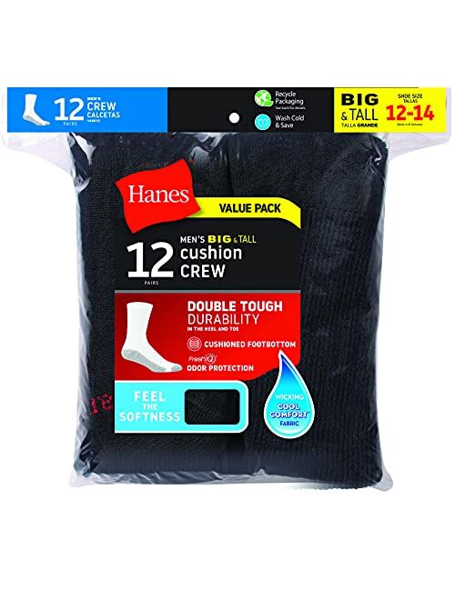 Hanes Men's Double Tough Crew Socks, 12-pair Pack
