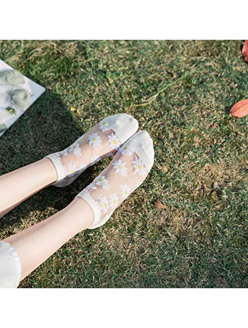 kitgaga Crystal Tulle Summer Socks Womens Sheer Mid Tube socks Transparent Thin Mesh Lace Elastic Jacquard Glass Socks
