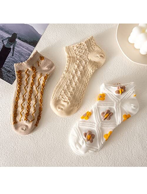 Peilin&Yao Floral Socks Set of 6 Pairs Pack Women 6Pieces Cute Flower Geometric 3D Textured 6Pcs Ankle Cotton Cottagecore Lucky Socks