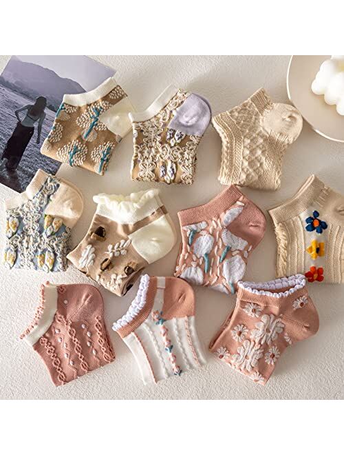 Peilin&Yao Floral Socks Set of 6 Pairs Pack Women 6Pieces Cute Flower Geometric 3D Textured 6Pcs Ankle Cotton Cottagecore Lucky Socks
