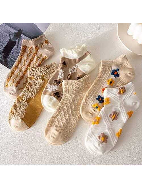 Peilin&Yao Floral Socks Set of 6 Pairs Pack Women 6Pieces Cute Flower Geometric 3D Textured 6Pcs Ankle Cotton Cottagecore Lucky Socks