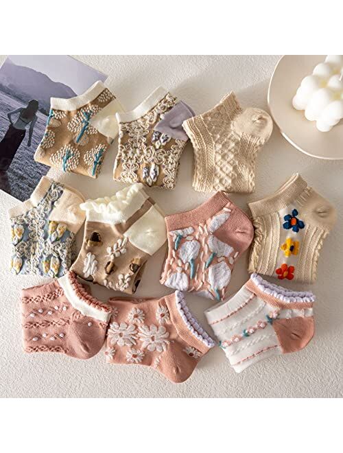 Peilin&Yao Floral Socks Set of 6 Pairs Pack Women 6Pieces Cute Flower Geometric 3D Textured 6Pcs Ankle Cotton Cottagecore Lucky Socks