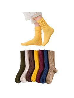 Norther30° Cotton Crew Socks for Women Cotton Casual Solid Color Stretchy Socks for Women Girls 7 Pairs