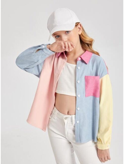 SHEIN Girls Color Block Pocket Front Blouse Shirt