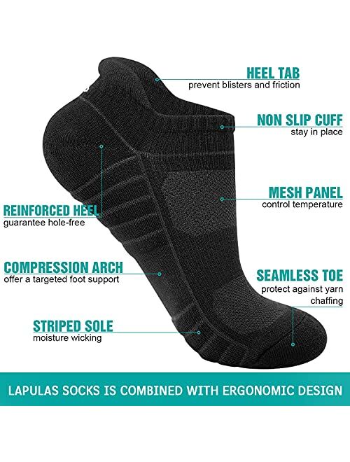 Lapulas Athletic Running Ankle Socks, Low Cut Cushioned Anti-Blister Tab Sports Socks Men Women 6Pairs