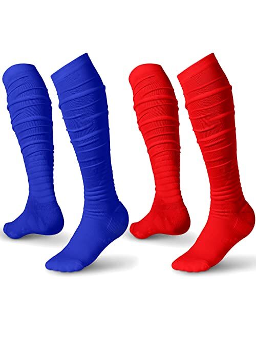 Eurzom 2 Pairs Scrunch Football Socks Compression Sports Socks Extra Long Padded Socks for Men Boys Non Slip Soccer Socks Men Athletic Socks, Red, Blue