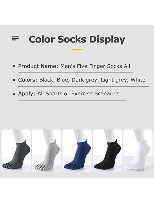 MENOLY 5 Pairs Toe Socks No Show Five Finger Socks for Men, Athletic Running Toe Socks Suitable for Running, Hiking, Cycling with 5 Colors(Black, Blue, Dark Gray, Light G