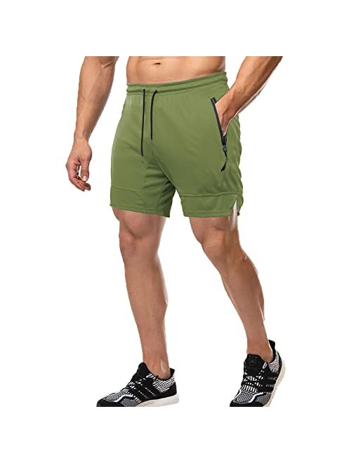 GANSANRO Mens 5” Inch Inseem Bodybuilding Workout Shorts, Gym Athletic Running Shorts for Men with Zipper Pockets