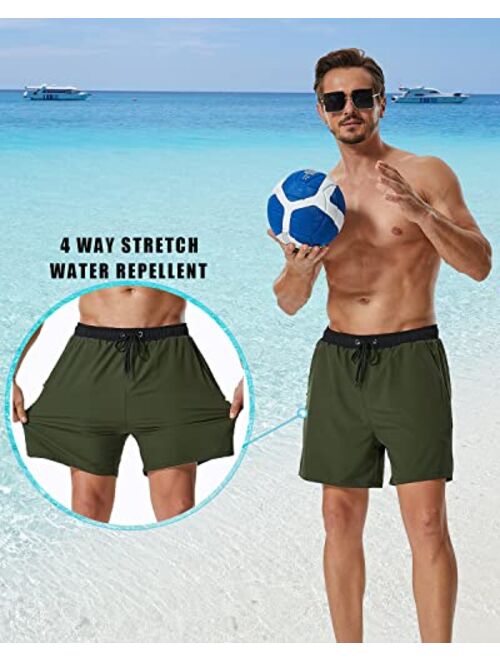 SILKWORLD Mens Swim Trunks with Compression Liner 2 in 1 Quick Dry Bathing Suit Beach Shorts with Zipper Pockets