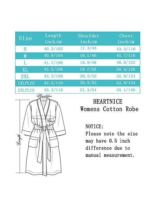 HEARTNICE Womens Cotton Robe, Soft Kimono Spa Knit Bathrobe Lightweight Long