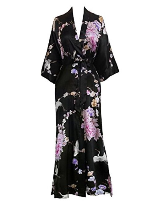 Oldshanghai Women's Satin Kimono Robe Long - Floral