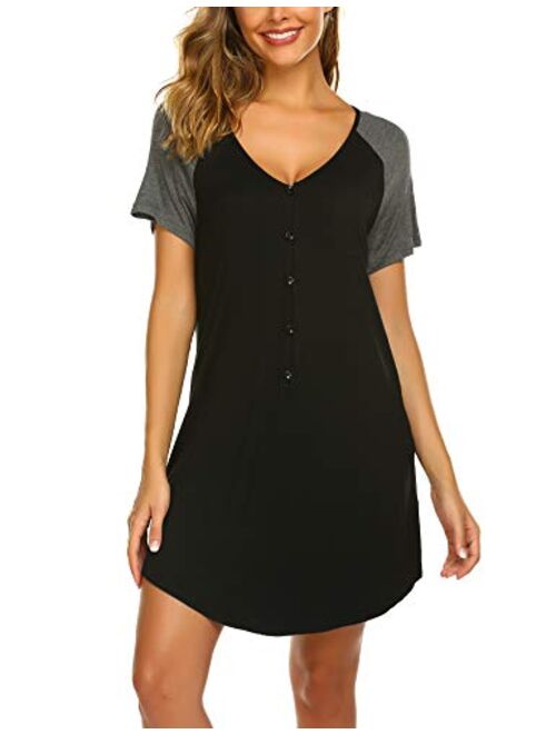 Ekouaer Womens Sleepwear Short Sleeve Nightgown Button Down Pajamas for Women Nightshirt S-XXL
