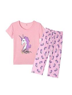 YIJIU Women's Short Sleeve Tops and Capri Pants Cute Cartoon Print Pajama Sets