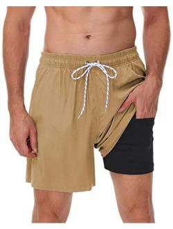 Seisocho Mens Swim Trunks with Compression Liner Swim Shorts Bathing Suits Swimwear Zipper Pockets