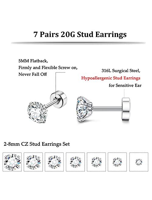 Fansilver 7-12Pairs 20G Hypoallergenic Brithstone Stud Earrings for Women Men Flatback Earrings Stainless Steel Cubic Zirconia Earrings Piercing Ear Cartilage
