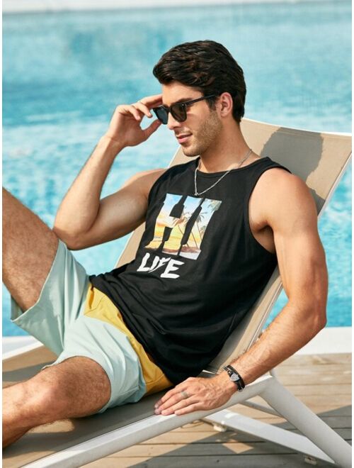 Shein Men Tropical And Letter Graphic Tank Top