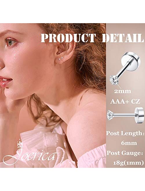 JOERICA 8 Pairs Stainless Steel Cartilage Stud Earrings Tiny Round 2MM Cubic Zirconia Ear Piercing Small Barbell Earrings for Women Men Screw Flat Back Earrings Set
