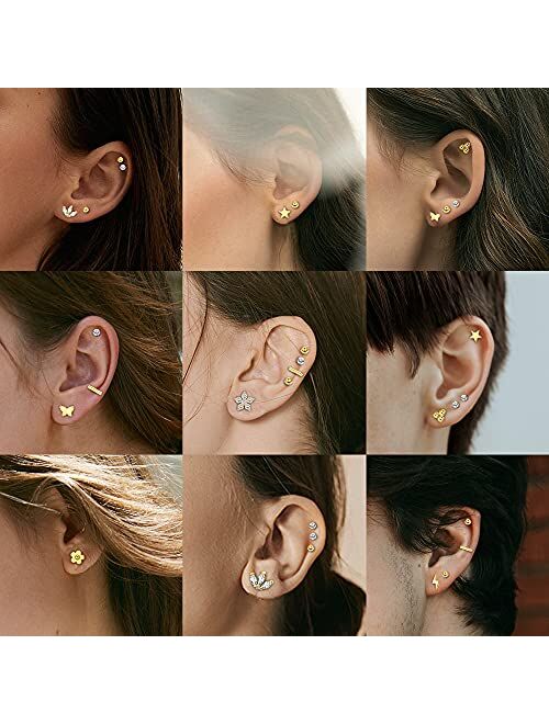 DOLOTTA 18Pairs 18G Stainless Steel Stud Earrings Set for Women Men Flatback Cartilage Helix Earrings Small CZ Heart Moon Star Geometric Stud Earrings Tiny Stud Earrings 