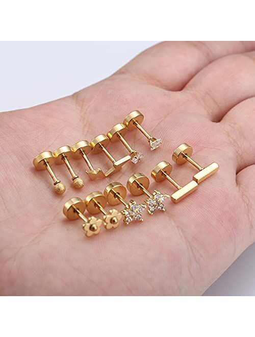 DOLOTTA 18Pairs 18G Stainless Steel Stud Earrings Set for Women Men Flatback Cartilage Helix Earrings Small CZ Heart Moon Star Geometric Stud Earrings Tiny Stud Earrings 