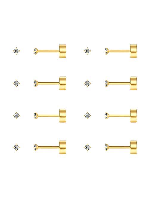 FOSIR 8 Pairs 20G Tiny Cartilage Stud Earrings for Women Men Flatback Earrings Stainless Steel Cubic Zirconia Earrings Set, Gold Silver