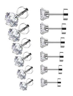 YOVORO 6-12 Pairs 18-20G Stainless Steel Stud Earrings for Men Women Cartilage Ear Piercings Helix Tragus Barbell 3-8mm