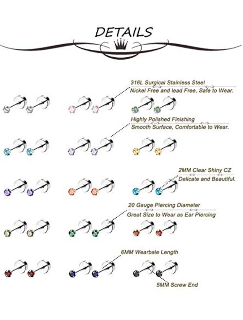 Masedy 15 Pairs 20G 316L Stainless Steel CZ Stud Earrings for Women Men Cartilage Screwback Earring Set 2-6mm