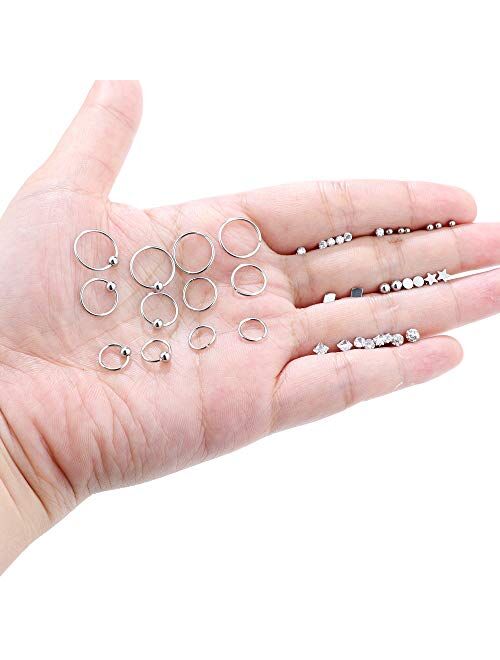 LOYALLOOK 20Pairs Stainless Steel Tiny Stud Earrings Small Endless Hoops Earrings Set Ball CZ Stud Cartilage Earrings Tragus Helix Piercing Jewelry
