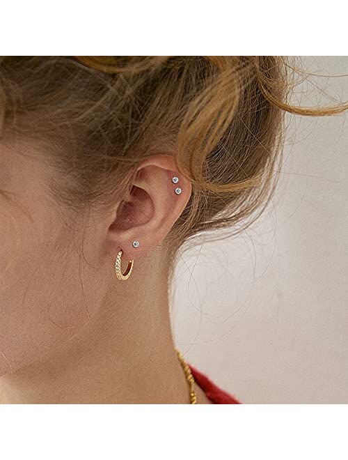 CASSIECA 6 Pairs 20G Cartilage Earring Stud for Women Men 316L Surgical Steel Flat Back Earrings Set, 2-6mm Round CZ Barbell Stud Earrings for Cartilage Tragus Helix Pier