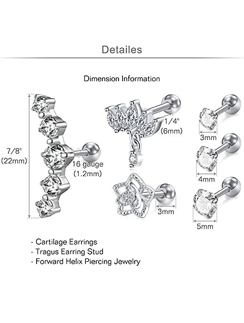 MODRSA 16g Cartilage Earring Stud Hoop for Women Tragus Stud Earring Cartilage Piercing Jewelry Surgical Stainless Steel Forward Helix Earrings Hoop Conch Piercings Jewel