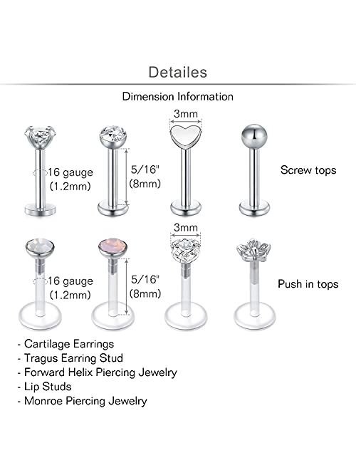 MODRSA 16g Cartilage Earring Stud Hoop for Women Tragus Stud Earring Cartilage Piercing Jewelry Surgical Stainless Steel Forward Helix Earrings Hoop Conch Piercings Jewel