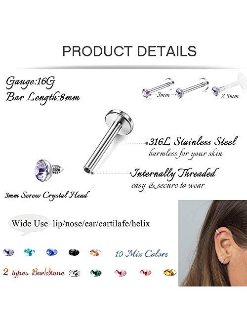 Jstyle 30Pcs 16G Forward Helix Cartilage Tragus Earring Studs Internal Threaded Labret Lip Monroe Ring Barbell Body Piercing Jewelry