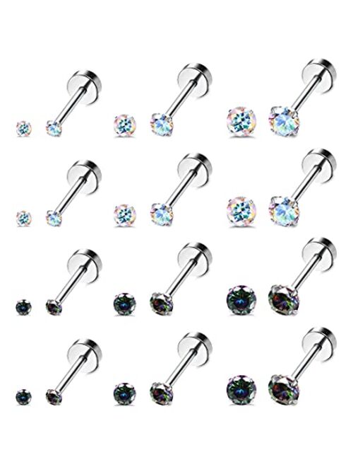 JOERICA 12Pairs 20G Stainless Steel CZ Stud Earrings for Women Men Cartilage Helix 2mm Stud Earrings Set Round Cubic Zirconia Screw Flat Back Stud Ear Piercing