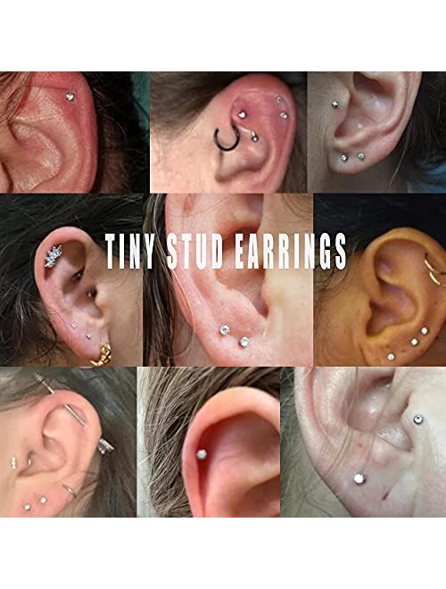 JOERICA 12Pairs 20G Stainless Steel CZ Stud Earrings for Women Men Cartilage Helix 2mm Stud Earrings Set Round Cubic Zirconia Screw Flat Back Stud Ear Piercing