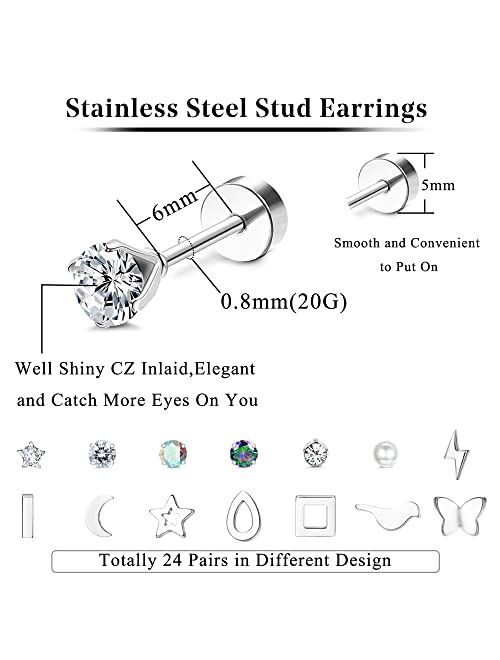 Subiceto 24 Pairs Tiny Cartilage Stud Earrings For Women Men 20G Stainless Steel Star Moon Triangle Heart Disc Ball Bar CZ Geometric Small Screwback Flat Back Earrings Pi