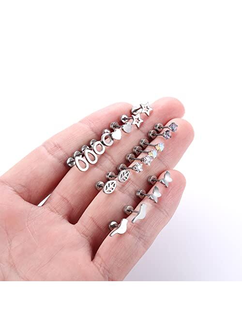 Subiceto 24 Pairs Tiny Cartilage Stud Earrings For Women Men 20G Stainless Steel Star Moon Triangle Heart Disc Ball Bar CZ Geometric Small Screwback Flat Back Earrings Pi