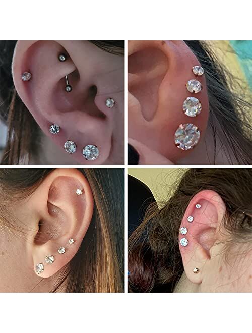 Sanfenly CZ Stud Earrings for Women Men Stainless Steel 3mm 4mm 5mm 6mm 8mm Cubic Zirconia Cartilage Helix Earrings Studs 20G Flatback Earrings