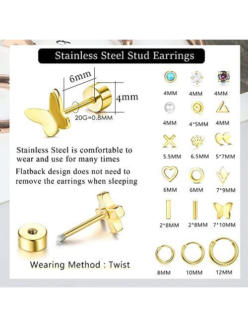 Fiasaso 18 Pairs Flat Back Stud Earrings for Women Hypoallergenic 316L Stainless Steel Pearl Cross Heart Butterfly 20G Cartilage Earrings Flatback Earrings Screwback Earr