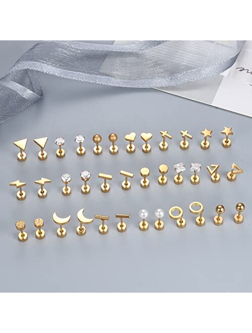 ORAZIO 18 Pairs Surgical Stainless Steel Stud Earrings For Women Men 20G Cartilage Earrings Studs Cross Moon Star Small Stud Earrings Black Gold Screw Flat Back Earrings 
