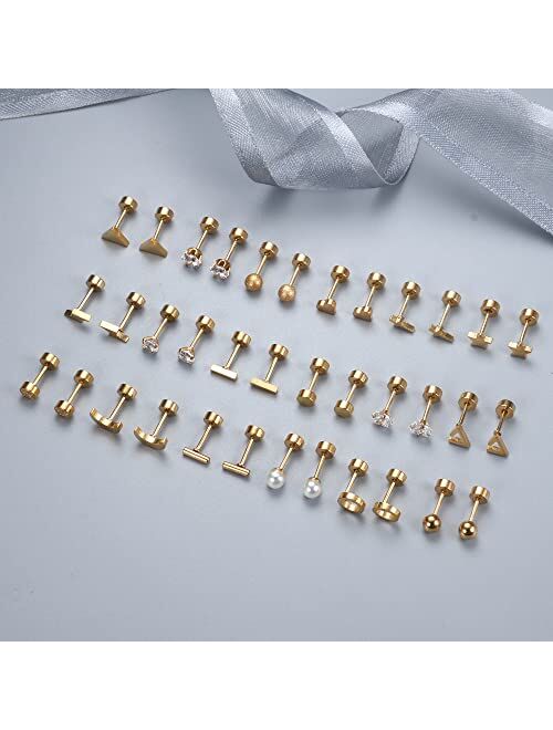 ORAZIO 18 Pairs Surgical Stainless Steel Stud Earrings For Women Men 20G Cartilage Earrings Studs Cross Moon Star Small Stud Earrings Black Gold Screw Flat Back Earrings 